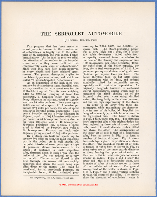 Daniel Belett, Paris, Serpollet Steam Car Article, 1902